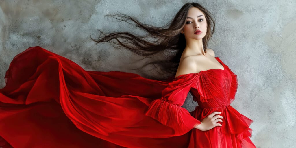 Elegant woman in flowing red dress posing against textured wall in creative fashion photography