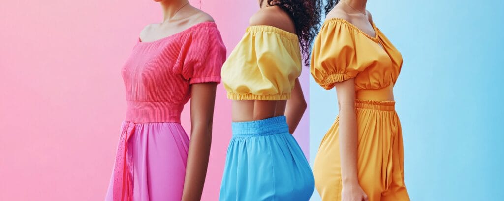 Three fashion models wearing colorful summer clothes posing together