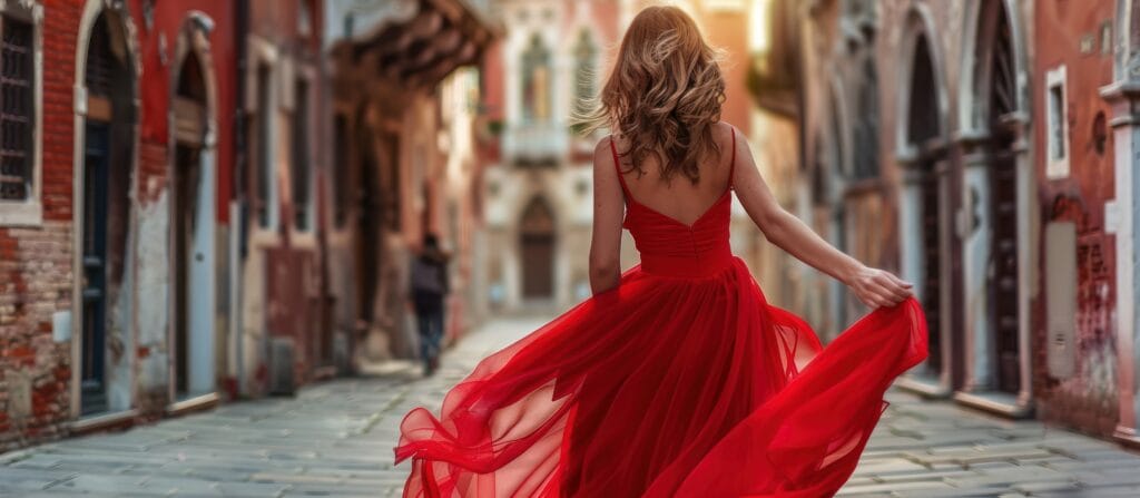 Woman in a Red Dress Walking Through an Old Italian City