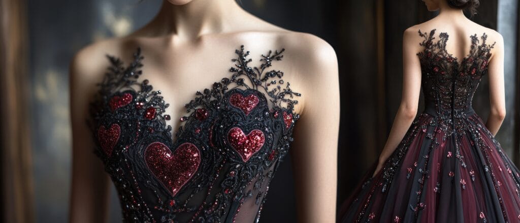 woman-wearing-black-red-sequined-dress-with-embroidered-hearts