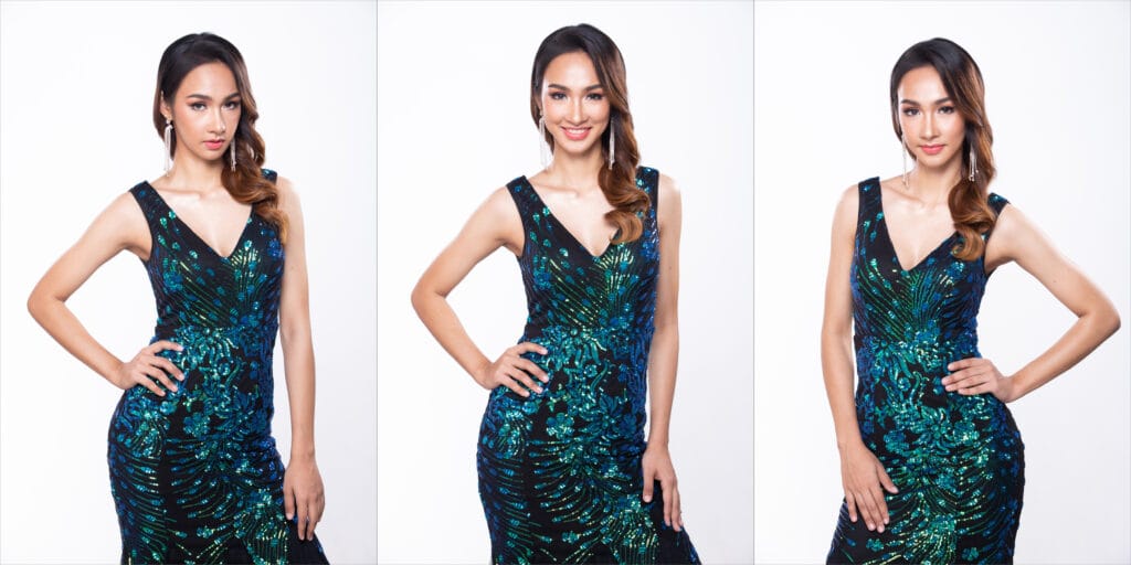 Young Asian Woman wears sequin Evening Ball Gown white isolated