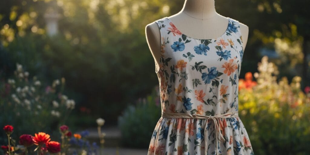 An empty clothing mockup of a summer dress, displayed on a dress form with a garden background.