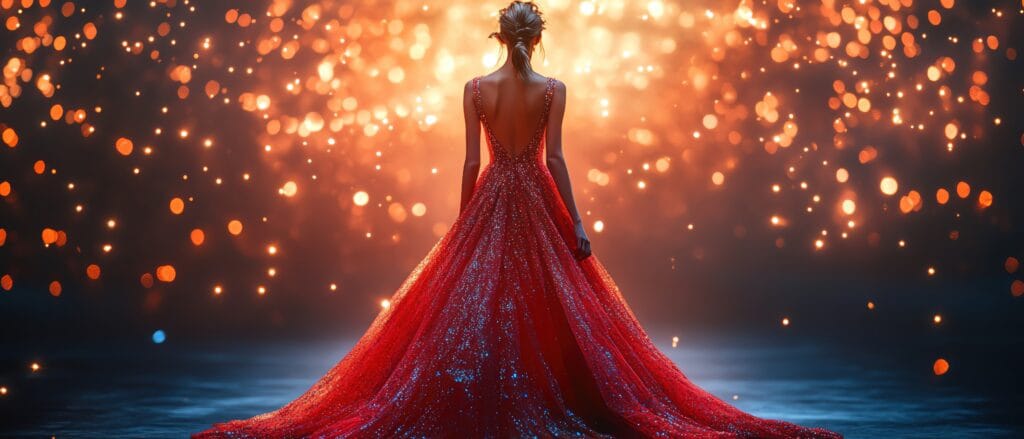 Fashion model walking on the runway in a dazzling dress during a fashion show event