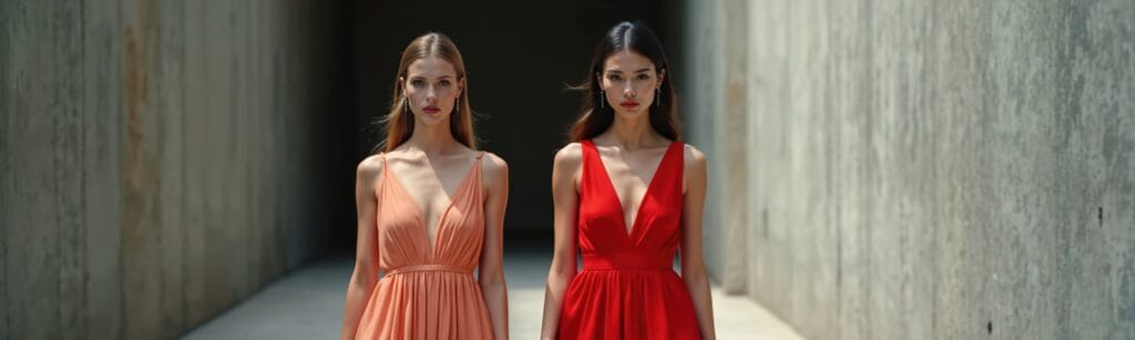 Two fashion models walk down dramatic corridor. Wear elegant red, peach dresses. Models confident poses, chic expressions. Dresses stylish, high-fashion. Photo runway-style fashion scene in dramatic