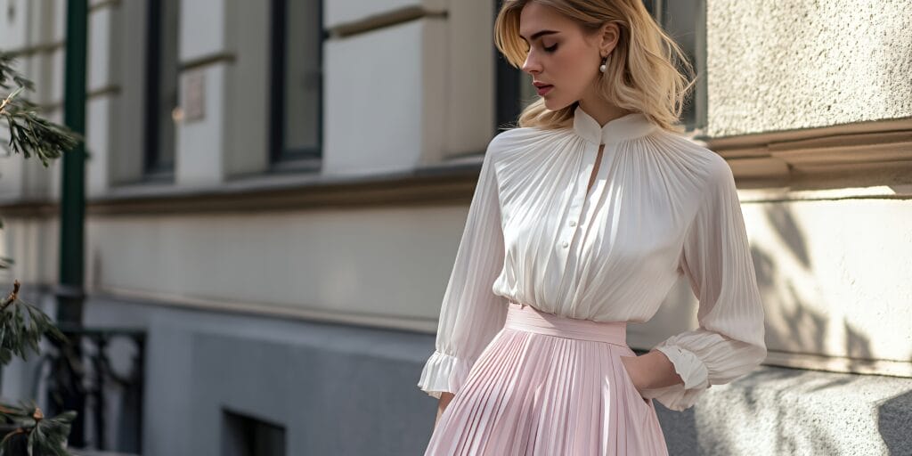 A woman in a white blouse and pink pleated skirt stands by a building, her hand in her pocket.