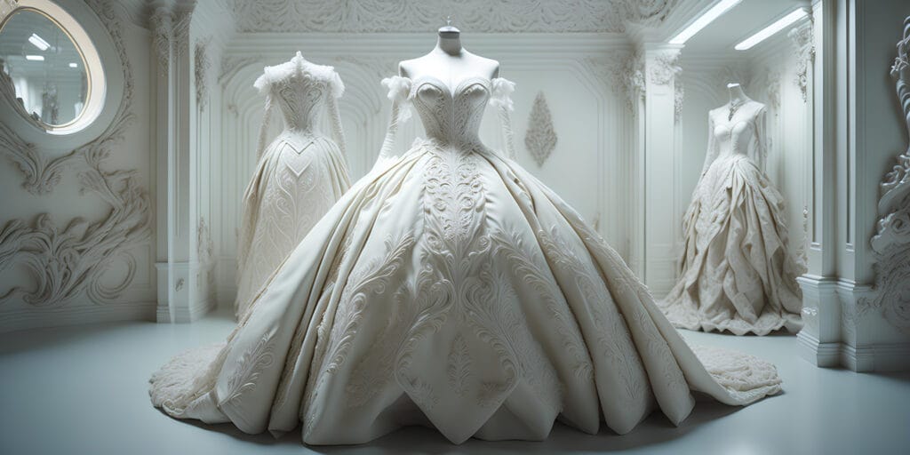 Baroque wedding dress, luxurious abundance of lush patterns and