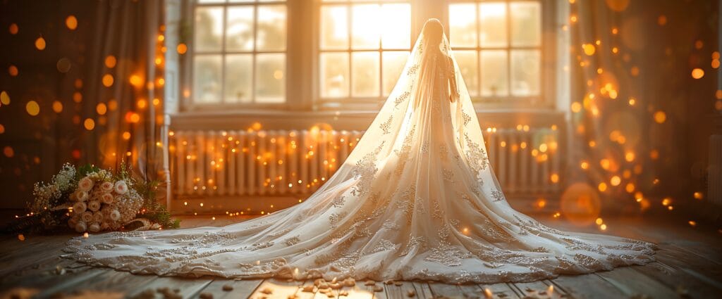 Bride in a flowing white dress stands with back to camera with sunlight streaming in the window behind.