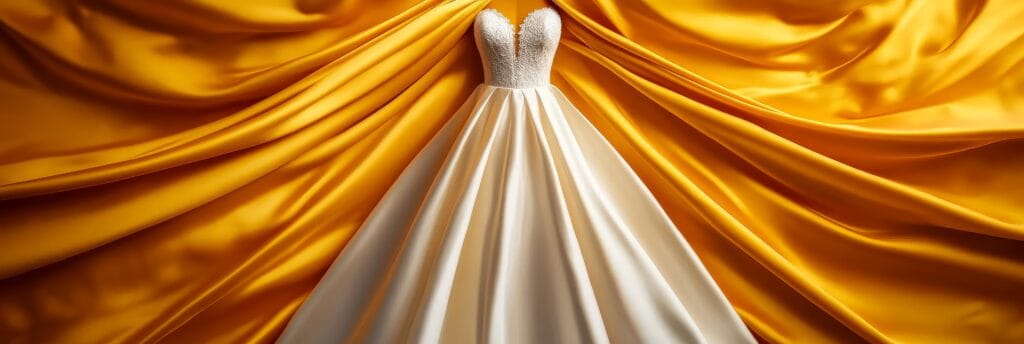 A classic white wedding gown, crafted from luxurious silk fabric, lies gracefully on a backdrop of rich golden satin, symbolizing elegance, purity, and the union of two souls. The soft folds of the fabric create a sense of romance and timeless beauty, perfect for a dream wedding.