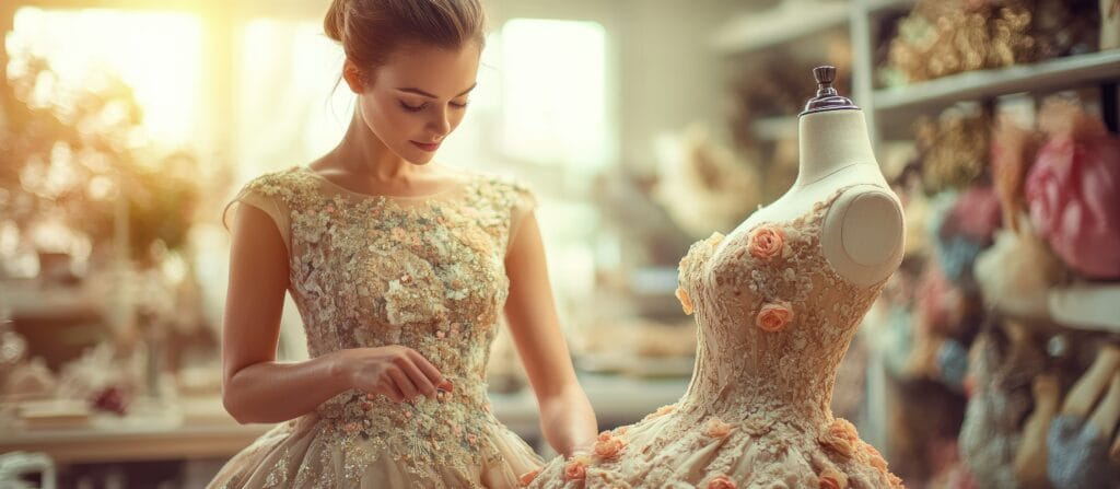Elegant Woman Admires Exquisite Wedding Gown in Atelier