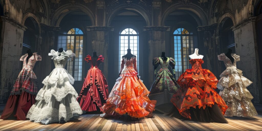 Fashion models wearing colorful ball gowns in a grand hall