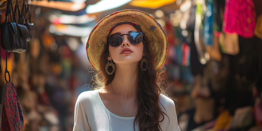 fashionable-woman-bustling-market