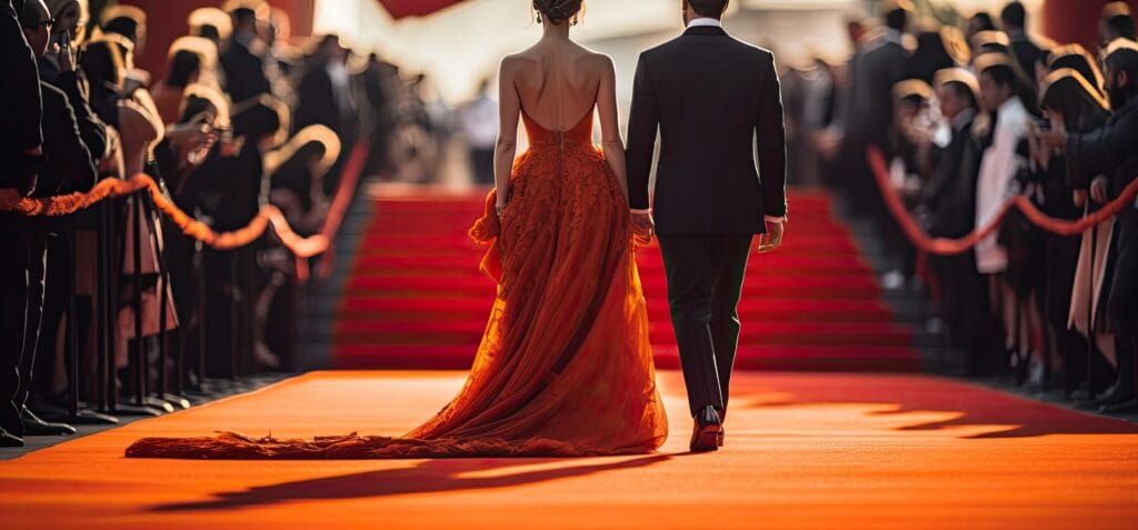 man-woman-walking-down-red-carpet-orange-dress-style-fine-art-photography