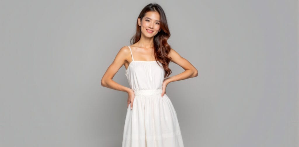 Smiling Asian woman in white dress standing with hands on hips against plain grey background, elegant casual summer fashion, studio shot