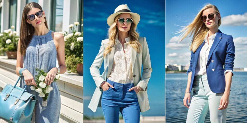 Three women are wearing different outfits and accessories