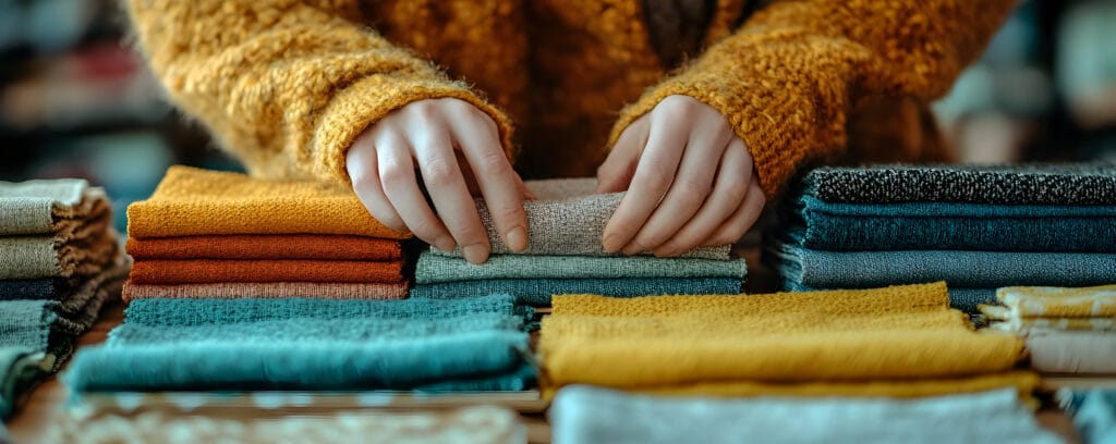 Woman Organizing Stacks of Colorful Fabrics - Photo