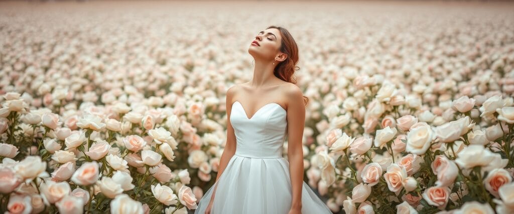 woman-white-dress-standing-field-roses